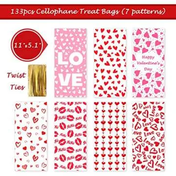 Valentines Day Candy Goody Bags, Valentine Goodie Bags for Kids, 133 Pcs - Valentines Cellophane Treat Bags, Clear Goodie Bags With Ties, Cellophane Cookie Bags, Valentines Day Gift Bags, 7 Designs
