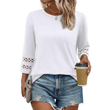 White Tops for Women Dressy Casual 3/4 Length Sleeve Tshirts Shirts Summer Plus Size Blouses Beach V...