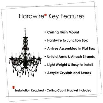 gypsy color The Original Brink House 6 Light Black Hardwire Flush Mount Chandelier H26”xW22”, Black Metal Frame, Glass Stem and Acrylic Crystals