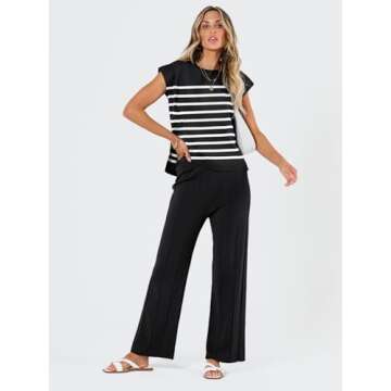 LILLUSORY 2 Piece Outfits for Women Lounge Matching Set Two Pcs Knit Tracksuit Sweatsuits Top & Pants 2025 BlackWhite M