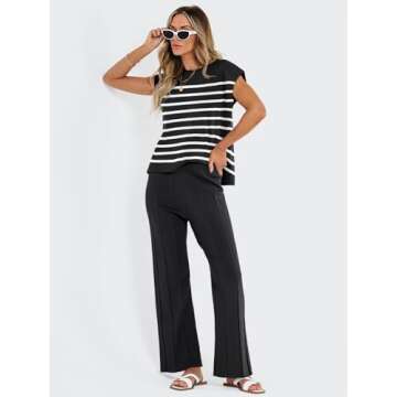 LILLUSORY 2 Piece Outfits for Women Lounge Matching Set Two Pcs Knit Tracksuit Sweatsuits Top & Pants 2025 BlackWhite M