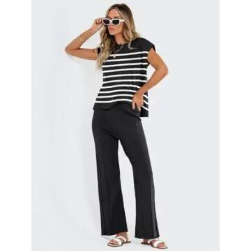 LILLUSORY 2 Piece Outfits for Women Lounge Matching Set Two Pcs Knit Tracksuit Sweatsuits Top & Pants 2025 BlackWhite M