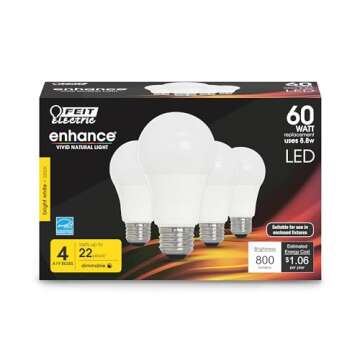 Feit Electric A19 LED Light Bulb, 60W Equivalent, Dimmable, 800 Lumens, E26 Medium Base, 3000K Bright White, CRI 90, 25,000 Hour Lifetime, UL Listed, Damp Rated, 4 Pack, OM60DM/930CA/4