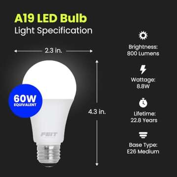 Feit Electric A19 LED Light Bulb, 60W Equivalent, Dimmable, 800 Lumens, E26 Medium Base, 3000K Bright White, CRI 90, 25,000 Hour Lifetime, UL Listed, Damp Rated, 4 Pack, OM60DM/930CA/4