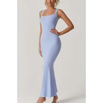 QINSEN Women's Square Neck with Lace Detail Long Maxi Dress Sleeveless Lounge Ribbed Full Length Dresses Blue M