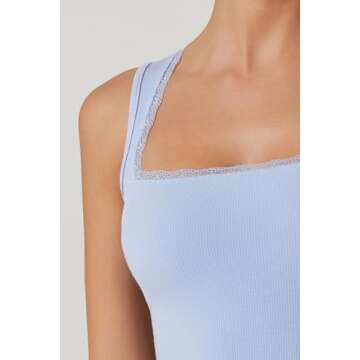 QINSEN Women's Square Neck with Lace Detail Long Maxi Dress Sleeveless Lounge Ribbed Full Length Dresses Blue M