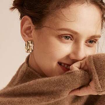 JeanBeau Chunky Gold Large Geometric Textured Stud Earrings for Women, Trendy Statement Irregular Sq...