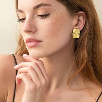 JeanBeau Chunky Gold Large Geometric Textured Stud Earrings for Women, Trendy Statement Irregular Square Lightweight Hypoallergenic Earing Prom Fashion Jewelry Gift
