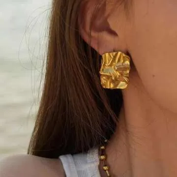 JeanBeau Chunky Gold Large Geometric Textured Stud Earrings for Women, Trendy Statement Irregular Square Lightweight Hypoallergenic Earing Prom Fashion Jewelry Gift