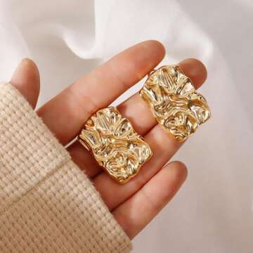 JeanBeau Chunky Gold Large Geometric Textured Stud Earrings for Women, Trendy Statement Irregular Square Lightweight Hypoallergenic Earing Prom Fashion Jewelry Gift