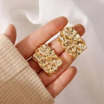 JeanBeau Chunky Gold Large Geometric Textured Stud Earrings for Women, Trendy Statement Irregular Square Lightweight Hypoallergenic Earing Prom Fashion Jewelry Gift