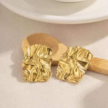 JeanBeau Chunky Gold Large Geometric Textured Stud Earrings for Women, Trendy Statement Irregular Square Lightweight Hypoallergenic Earing Prom Fashion Jewelry Gift