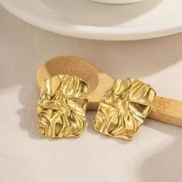 JeanBeau Chunky Gold Large Geometric Textured Stud Earrings for Women, Trendy Statement Irregular Square Lightweight Hypoallergenic Earing Prom Fashion Jewelry Gift