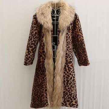Tinhulf Faux Fur Women's Leopard Long Coat Winter Warm Overcoat Sweater Jacket Hooded Outerwear