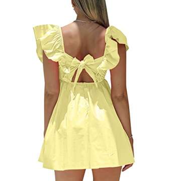 hibshaby Sexy Deep V Neck Ruffle Sleeve Mini Backless Lace Up Babydoll Summer Short Dress Yellow L