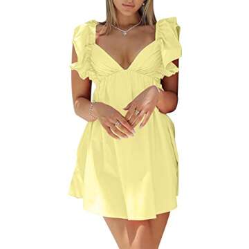 hibshaby Sexy Deep V Neck Ruffle Sleeve Mini Backless Lace Up Babydoll Summer Short Dress Yellow L
