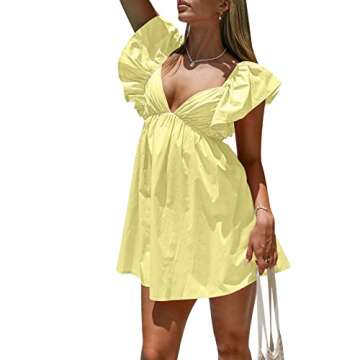 hibshaby Sexy Deep V Neck Ruffle Sleeve Mini Backless Lace Up Babydoll Summer Short Dress Yellow L
