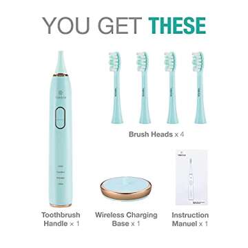 Vekkia Electric Toothbrush, Sonic Cleaning Rechargeable Toothbrush with Timer, Pressure Sensor, 4 Modes, 4 Brush Heads, Charge Lasts for 180 Days, Best Toothbrush for Adults (Blue Diamond)