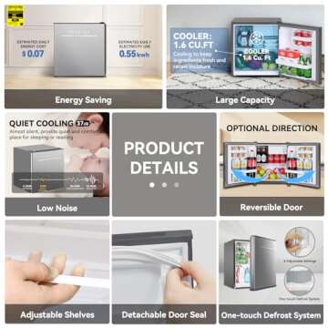 Frestec 1.6 Cu.Ft Mini Fridge for Bedroom, Mini Refrigerator with freezer, Dorm Fridge with Freezer, Reversible Door Perfect for Room and Office, Adjustable Temperature(without Handle, Silver)