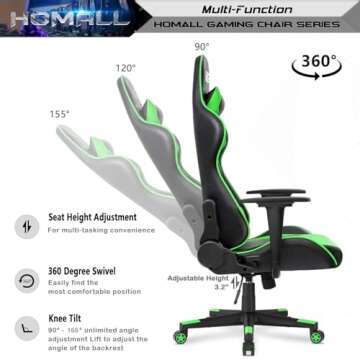 Homall Gaming Chair, Office Chair High Back Computer Chair Leather Desk Chair Racing Executive Ergonomic Adjustable Swivel Task Chair with Headrest and Lumbar Support (Green)
