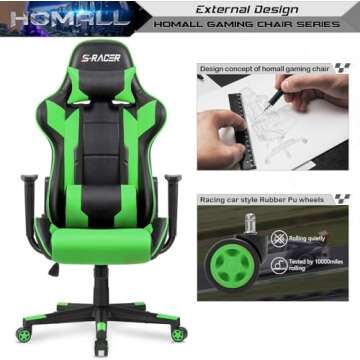 Homall Gaming Chair, Office Chair High Back Computer Chair Leather Desk Chair Racing Executive Ergonomic Adjustable Swivel Task Chair with Headrest and Lumbar Support (Green)