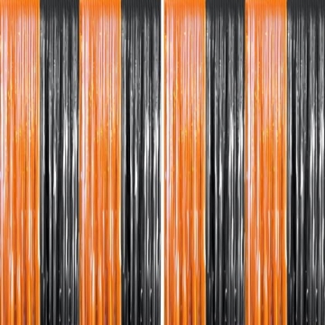FECEDY 2pcs 3ft x 8.3ft Orange Black Metallic Tinsel Foil Fringe Curtains Photo Booth Props for Hall...