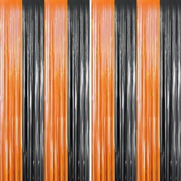 FECEDY 2pcs 3ft x 8.3ft Orange Black Metallic Tinsel Foil Fringe Curtains for Photo Backdrops