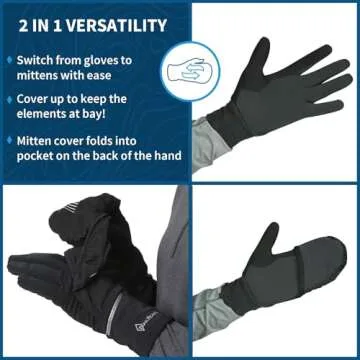 TrailHeads Womens Running Gloves Touchscreen Fingers & Convertible Waterproof Mitten Shell - for Winter, Reflective, Warm - Black - Reflective - Small/Medium