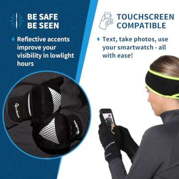 TrailHeads Womens Running Gloves Touchscreen Fingers & Convertible Waterproof Mitten Shell - for Winter, Reflective, Warm - Black - Reflective - Small/Medium