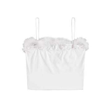 DIDK Women's Contrast Faux Fur Butterfly Embroidery Spaghetti Strap Cami Crop Top White Medium