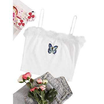 DIDK Women's Contrast Faux Fur Butterfly Embroidery Spaghetti Strap Cami Crop Top White Medium