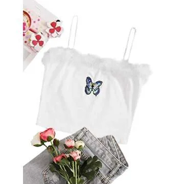 DIDK Women's Contrast Faux Fur Butterfly Embroidery Spaghetti Strap Cami Crop Top White Medium