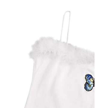 DIDK Women's Contrast Faux Fur Butterfly Embroidery Spaghetti Strap Cami Crop Top White Medium