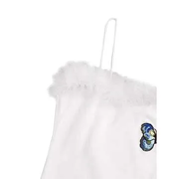 DIDK Women's Contrast Faux Fur Butterfly Embroidery Spaghetti Strap Cami Crop Top White Medium