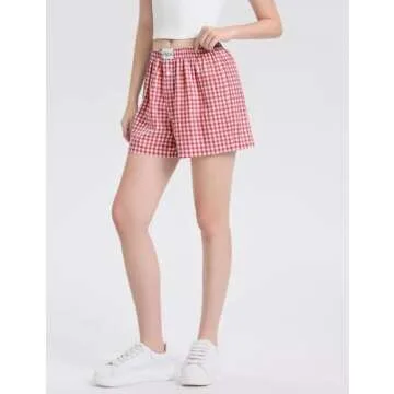 LOMON Womens Boxer Shorts Casual Summer Cotton Pajama Lounge Sleep Pj Gingham Plaid Shorts Y2K Beach Bottoms (Watermelon Red Plaid M)