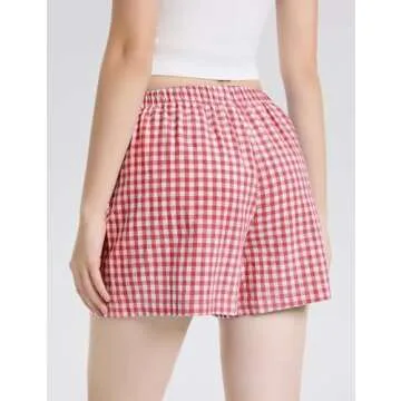 LOMON Womens Boxer Shorts Casual Summer Cotton Pajama Lounge Sleep Pj Gingham Plaid Shorts Y2K Beach Bottoms (Watermelon Red Plaid M)