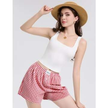 LOMON Womens Boxer Shorts Casual Summer Cotton Pajama Lounge Sleep Pj Gingham Plaid Shorts Y2K Beach Bottoms (Watermelon Red Plaid M)