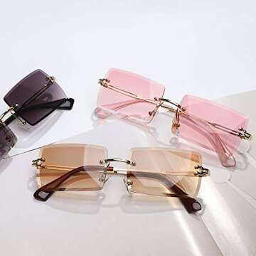 Tskestvy Rimless Rectangle Sunglasses for Women Men 2000s Y2K Glasses 90s Fashion Cute Cool Accessories