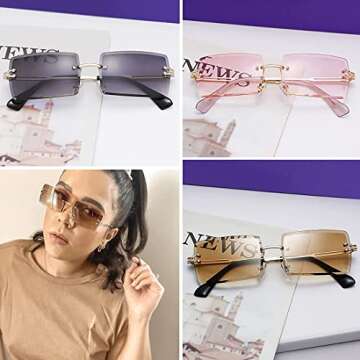 Tskestvy Rimless Rectangle Sunglasses for Women Men 2000s Y2K Glasses 90s Fashion Cute Cool Accessories
