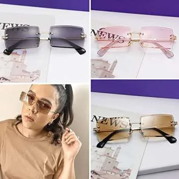 Tskestvy Rimless Rectangle Sunglasses for Women Men 2000s Y2K Glasses 90s Fashion Cute Cool Accessories