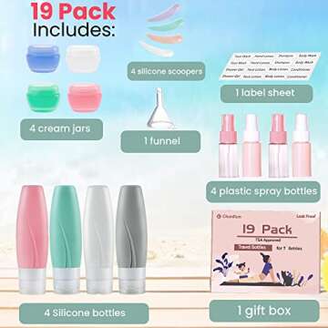 19 Pack Travel Size Bottles For Toiletries, 3 oz Tsa Approved Shampoo and Conditioner Containers with Tags, Squeezable Silicone Lotion Tubes Spray Bottles, Travel Essentials