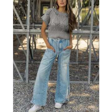 RIATOUR Womens Sweater Vest Crew Neck Short Sleeve Crochet Hollow Out Jumper Cable Knit Cropped Pullover Top (Grey-M)