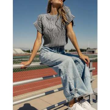 RIATOUR Womens Sweater Vest Crew Neck Short Sleeve Crochet Hollow Out Jumper Cable Knit Cropped Pullover Top (Grey-M)