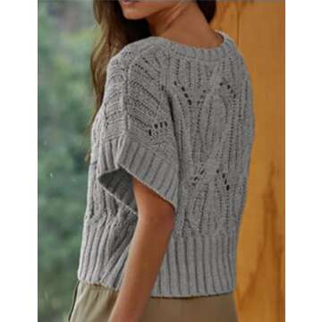 RIATOUR Womens Sweater Vest Crew Neck Short Sleeve Crochet Hollow Out Jumper Cable Knit Cropped Pullover Top (Grey-M)