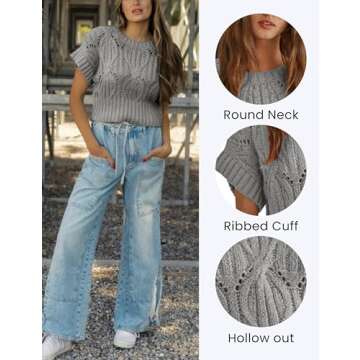 RIATOUR Womens Sweater Vest Crew Neck Short Sleeve Crochet Hollow Out Jumper Cable Knit Cropped Pullover Top (Grey-M)