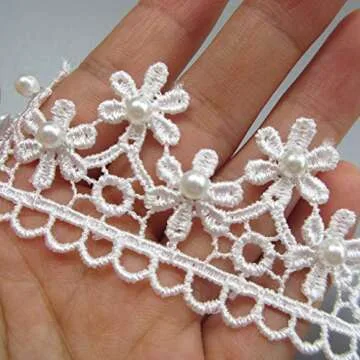 2 Yard 2 Row Pearl Beaded Daisy Flower Lace Trim Ribbon Edge 1.5 inch Wide Vintage Style White Edging Trimming Fabric Embroidered Applique Sewing Craft Wedding Bridal Dress Clothes Card DIY Decoration