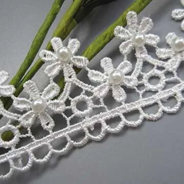 2 Yard 2 Row Pearl Beaded Daisy Flower Lace Trim Ribbon Edge 1.5 inch Wide Vintage Style White Edging Trimming Fabric Embroidered Applique Sewing Craft Wedding Bridal Dress Clothes Card DIY Decoration