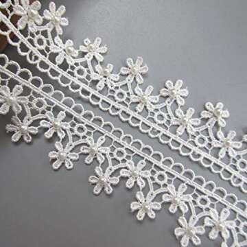 2 Yard 2 Row Pearl Beaded Daisy Flower Lace Trim Ribbon Edge 1.5 inch Wide Vintage Style White Edging Trimming Fabric Embroidered Applique Sewing Craft Wedding Bridal Dress Clothes Card DIY Decoration