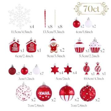 Valery Madelyn Christmas Valentines Tree Ornaments Set, 70ct Candy Cane Red and White Shatterproof Christmas Tree Decorations Bulk, Variety Hanging Ball Ornaments for Xmas Trees Holiday Party Decor
