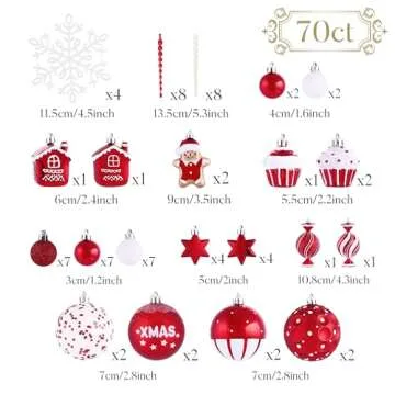 Valery Madelyn Christmas Valentines Tree Ornaments Set, 70ct Candy Cane Red and White Shatterproof Christmas Tree Decorations Bulk, Variety Hanging Ball Ornaments for Xmas Trees Holiday Party Decor